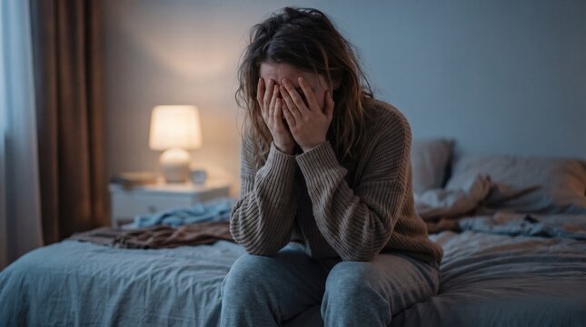 Distressed Woman Sitting on Bed Covering Her Face in Dark Bedroom