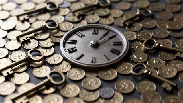 Keys, coins, and a clock symbolize time, wealth, and unlocking opportunities.