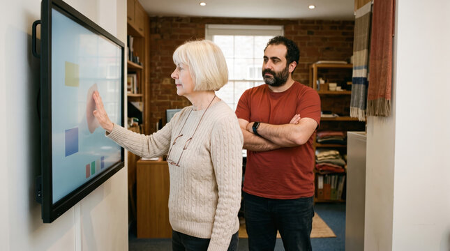 Two colleagues working on a large wall-mounted touchscreen
