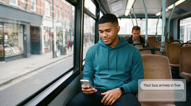 Young man checking a route on his phone on a city bus