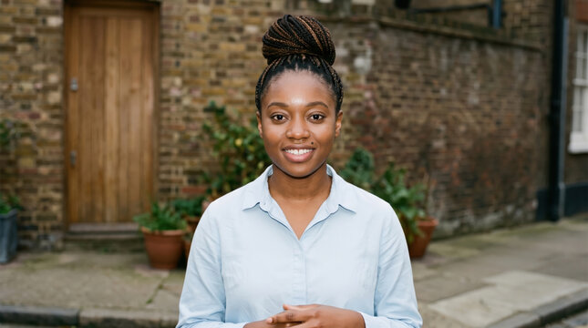 Portrait of a woman with a black bob against a brick wall