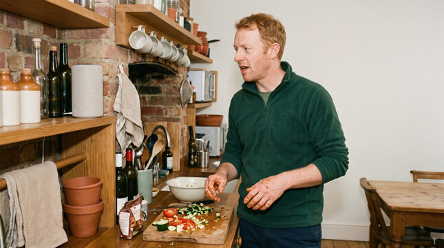 Man asking a voice assistant a question while cooking