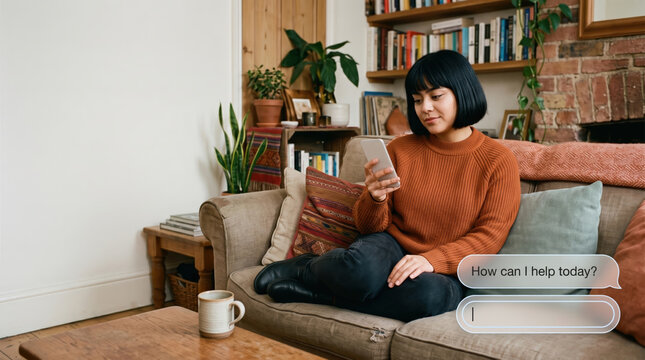 Woman reading an assistant reply on her phone at home