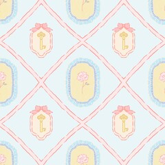 Obraz premium Romantic Pastel Blue Wallpaper Pattern with Keys and Roses