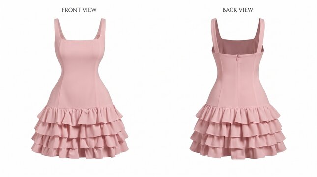Elegant pink sleeveless ruffled mini dress with square neckline and tiered skirt shown in front and back views on white background