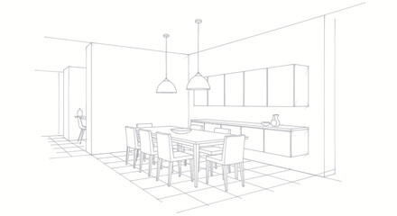 Fototapeta premium Creative Minimalist Sketch of Modern Dining Room with Wooden Table Chairs Pendant Lights and Kitchen Island