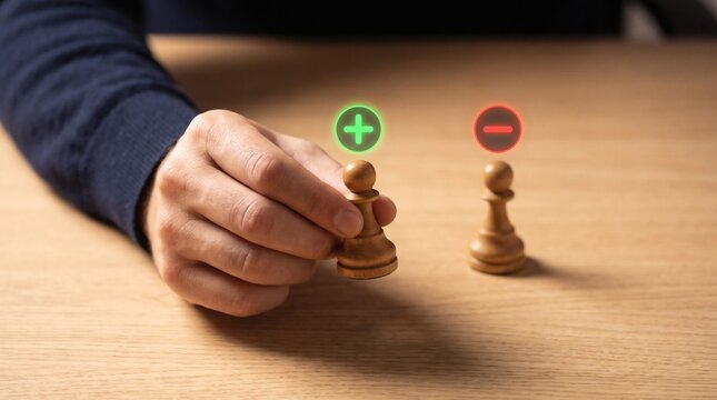 Businessman Hand Holding Wooden Pawn with Plus and Minus Icons for Strategic Decision Making Concept