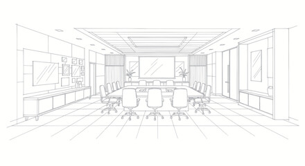 Fototapeta premium Dynamic Monochrome Line Drawing of Modern Office Conference Room with Furniture and Decor Elements