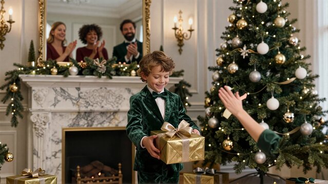 Young boy in green velvet suit holds golden gift near festive Christmas tree, family claps behind mirror.