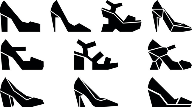 High heel shoes fashion vector illustration set featuring geometric black stiletto pumps and sandal silhouettes