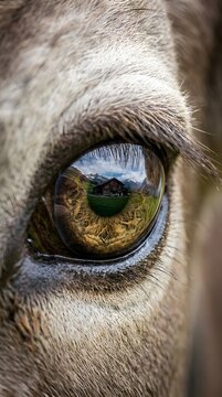 Extreme close-up of cow eye reflecting mountain landscape scenery.