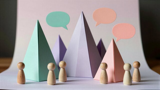 Paper pyramids and wooden figures with speech bubbles suggest collaborative conversation.