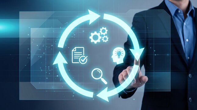 Businessman touching circular process icon on virtual screen, operations optimization and agile methodology concept