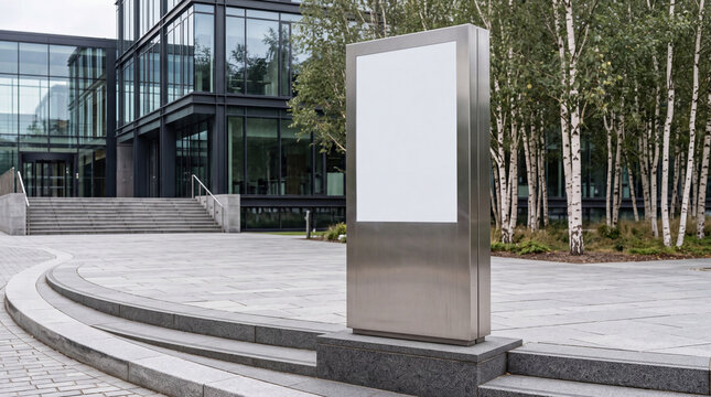 Mockup Modern Office Building Entrance with Blank Signage and Birch Trees