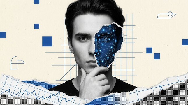 A man's face being reconstructed via deepfake technology and online identity fraud.