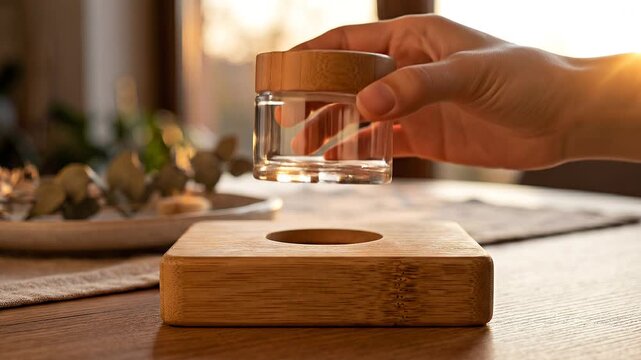 Hand picks up empty glass jar with wooden lid from wooden stand.