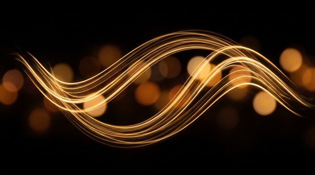 Golden light streaks twist and flow against a dark background