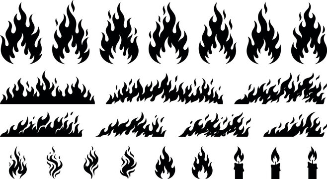 Fire flame and hot bonfire silhouette vector illustration set featuring blazing borders campfire and candle icons