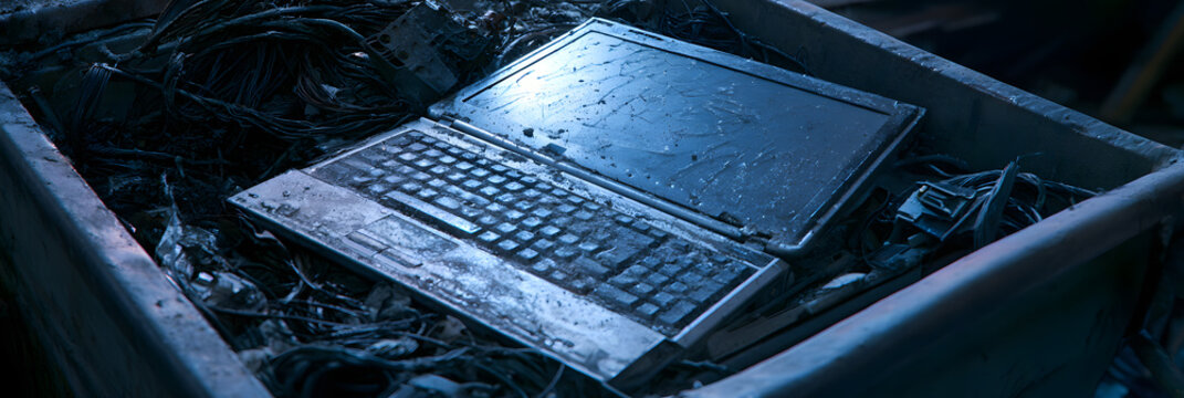 An outdated laptop computer from years past has been thrown into a trash bin. E-waste and disposal of discarded electronics. Digital decluttering and tech-induced stress