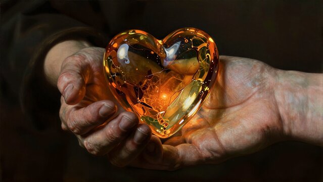 Elderly hands cradle a glowing, amber heart filled with liquid light.