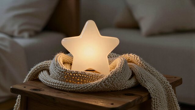 Glowing star lamp rests on cozy knitted blanket atop wooden nightstand.