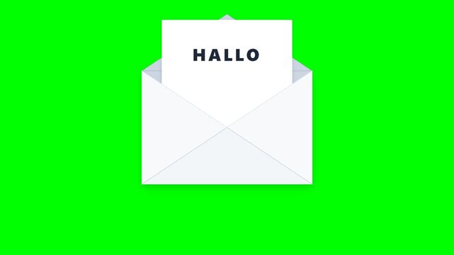 Illustration of an open white paper envelope containing a greeting card with the word hallo written on it isolated on green background