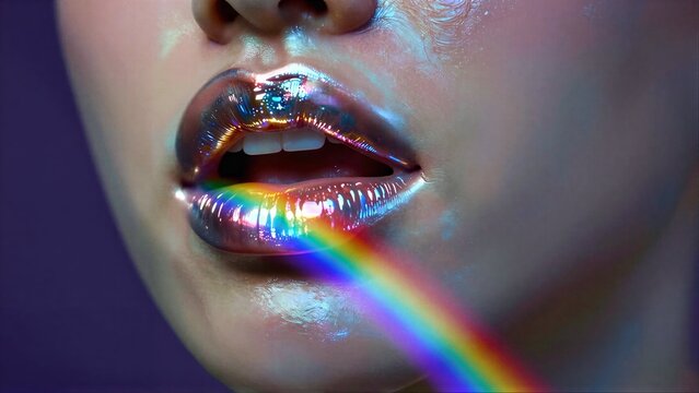 Iridescent lips gleam against dark backdrop, rainbow arches softly behind.