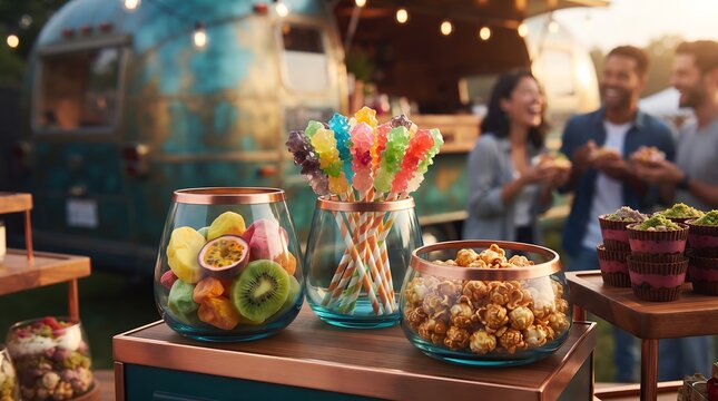 Colorful candy and caramel popcorn display at night market