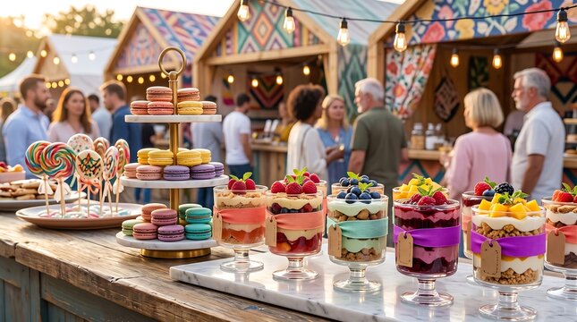 Colorful dessert buffet with macarons parfaits and lollipops
