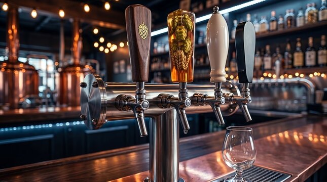 Colorful draft beer tap handles at contemporary bar counter