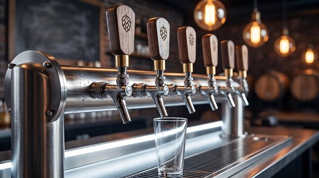 Row of stainless steel draft beer taps in modern pub