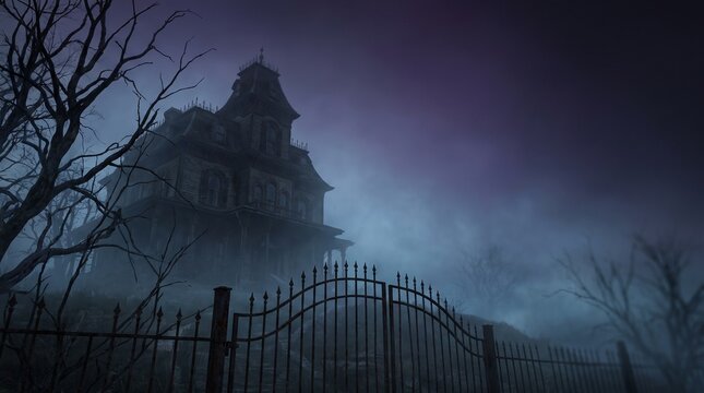 A dark and eerie haunted mansion shrouded in mist under a gloomy sky, with bare trees and an iron fence.
