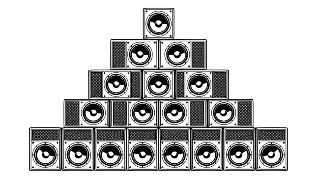 Pyramid of black and white audio speakers stacked for music