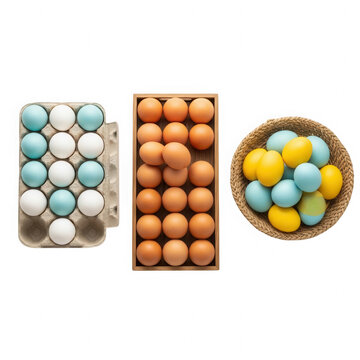 Fresh chicken eggs in cardboard cartons and a woven straw basket isolated on transparent background