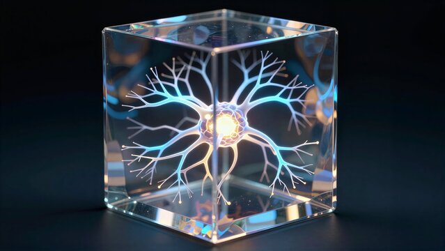 A glowing neuron inside a transparent cube, symbolizing neural networks and AI.