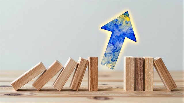 Dominoes topple, arrow risessymbolizing unstoppable growth and positive momentum.