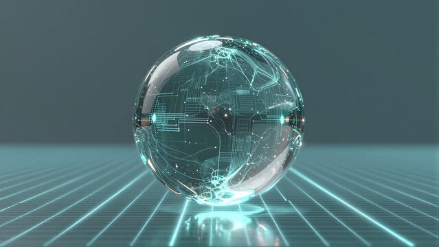 Futuristic glass sphere with circuit patterns, glowing on digital grid surface.