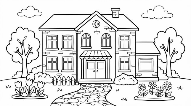 Large house or hospital building coloring page for kids with garden and path