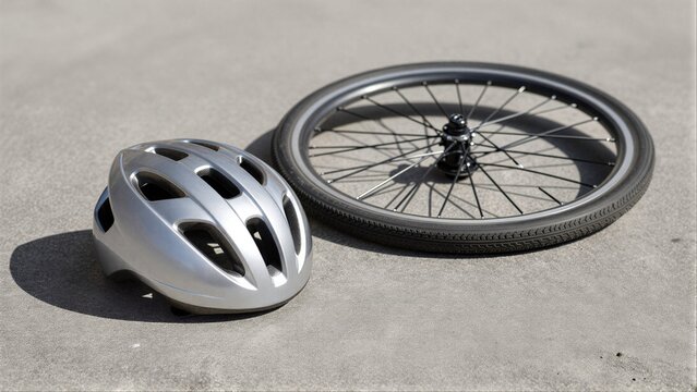 Silver helmet rests beside a bicycle wheel on concrete ground.