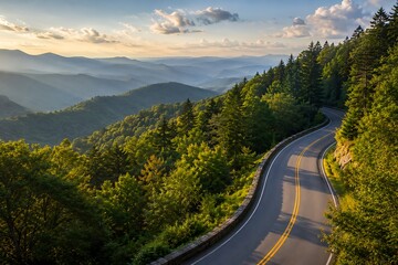 Fototapeta premium Winding road through green forest in mountains at sunset