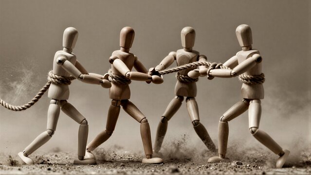 Wooden figures pull rope in dusty arena, symbolizing teamwork and struggle.
