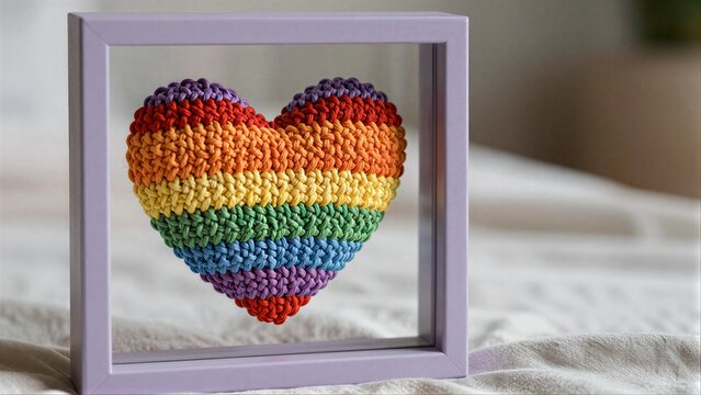 Rainbow crocheted heart in lavender frame, soft bedding background.