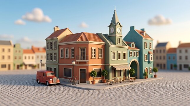 Miniature European civic building with clock tower on cobblestone square