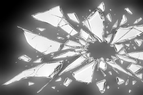 Broken glass shards shattering on a dark black background