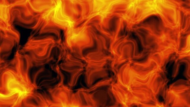 Abstract fiery orange and bright yellow fluid motion with dark contrast pockets and glowing plasma swirls in a seamless loop