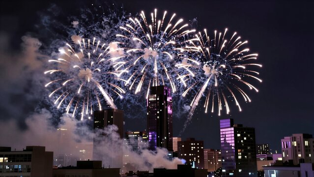 Vibrant fireworks explode above a city skyline at night, illuminating buildings with purple glow.