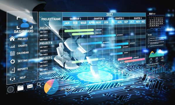Futuristic Project Management Dashboard with Robotic Assistance and Data Visualization for Effective Planning and Monitoring in 2027 Fluxor.