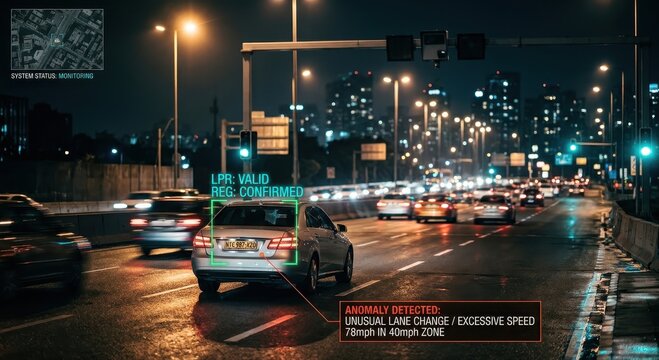AI driven traffic enforcement system monitoring vehicles at night with license plate recognition and anomaly detection on a city street