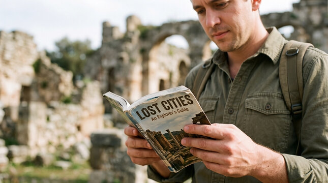 Traveler reading Lost Cities guide book at ancient ruins for historical travel blogs, archaeological site exploration, cultural heritage awareness, and educational content