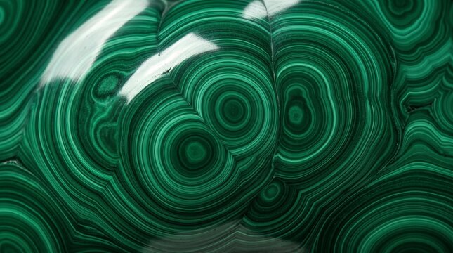 Polished malachite stone texture displays concentric banding and reflective surface